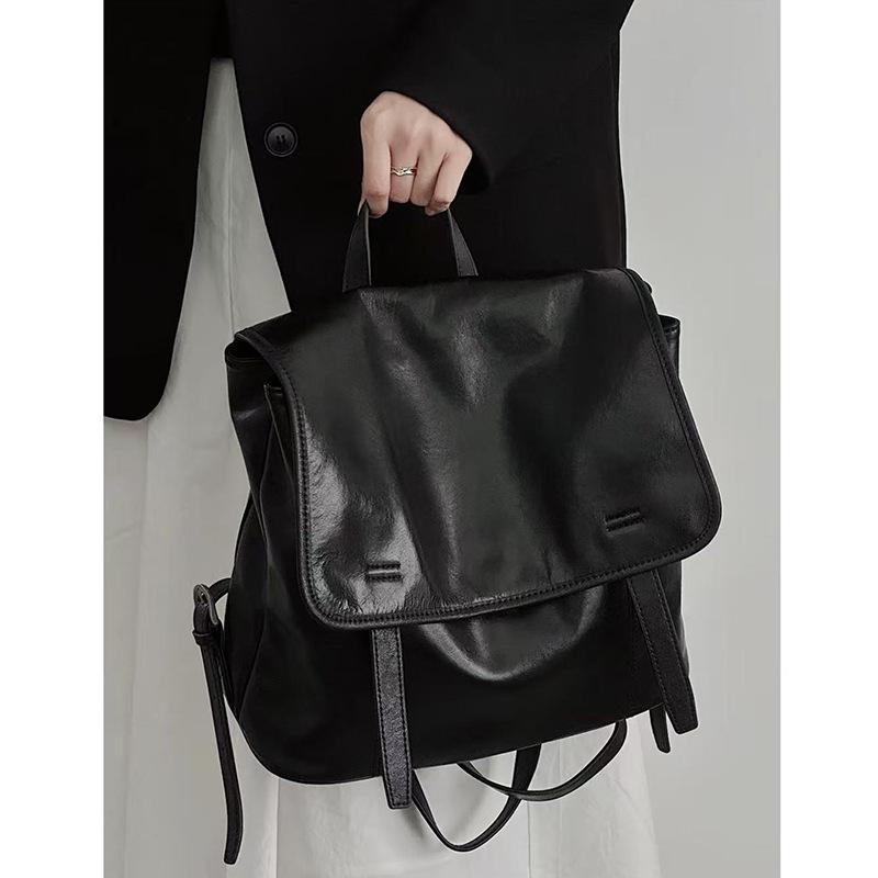 Рюкзак из растительно-дубленой коровьей кожи, Новый минималистичный ретро кожаный рюкзак, Женская повседневная вместительная дорожная сумка чёрный