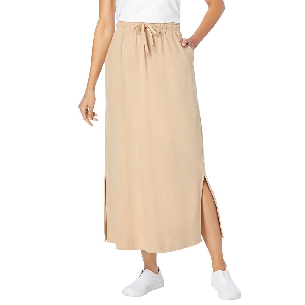 Womens Casual Maxi Skirts High Waist Trendy Drawstring Side Slit Skirts With Pockets