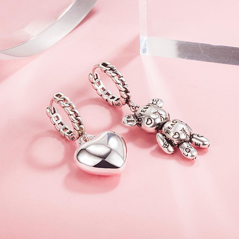 Retro Korean Asymmetrical Bear & Heart Letter Earrings - Women's Unique Creative Ear Hoops & Cuffs