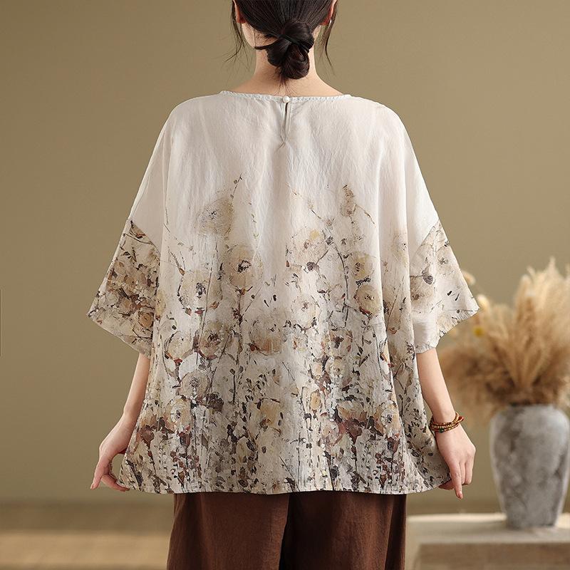 Ethnic Style Summer Blouse Cotton Ethnic Style Shirt Bat Sleeve Loose Large Round Neck T-shirt for Women