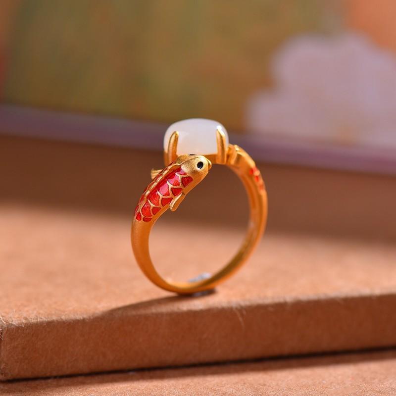Adjustable Vintage Enamel Koi Fish Ring With Gold Plated Copper Band Women Men Retro Hanfu Qipao Accessory
