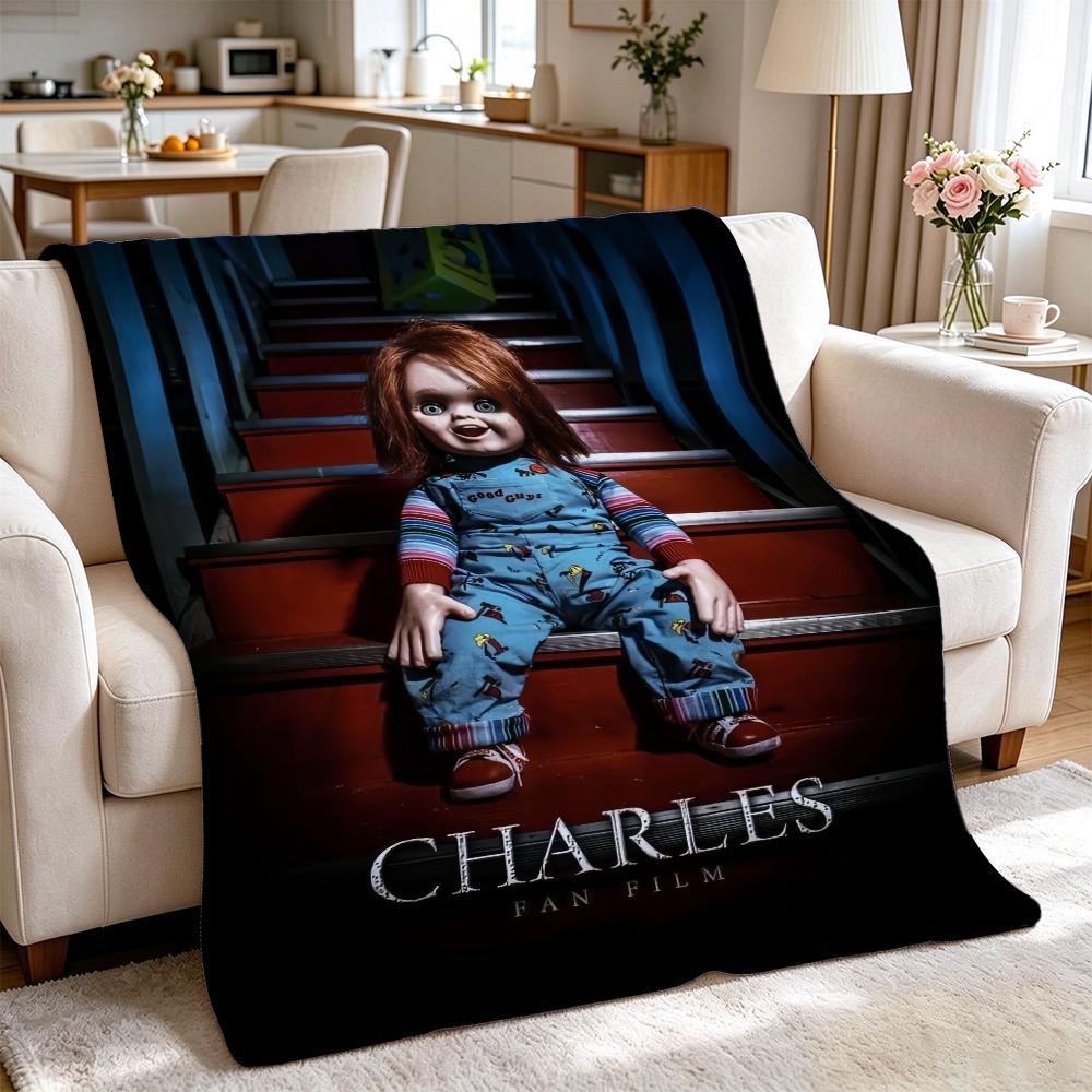 Good Guys Classic Horror Doll Pattern Theme Flannel Blanket Warm Comfortable Fleece Blanket For Office Sofa Party Decor Halloween Gift
