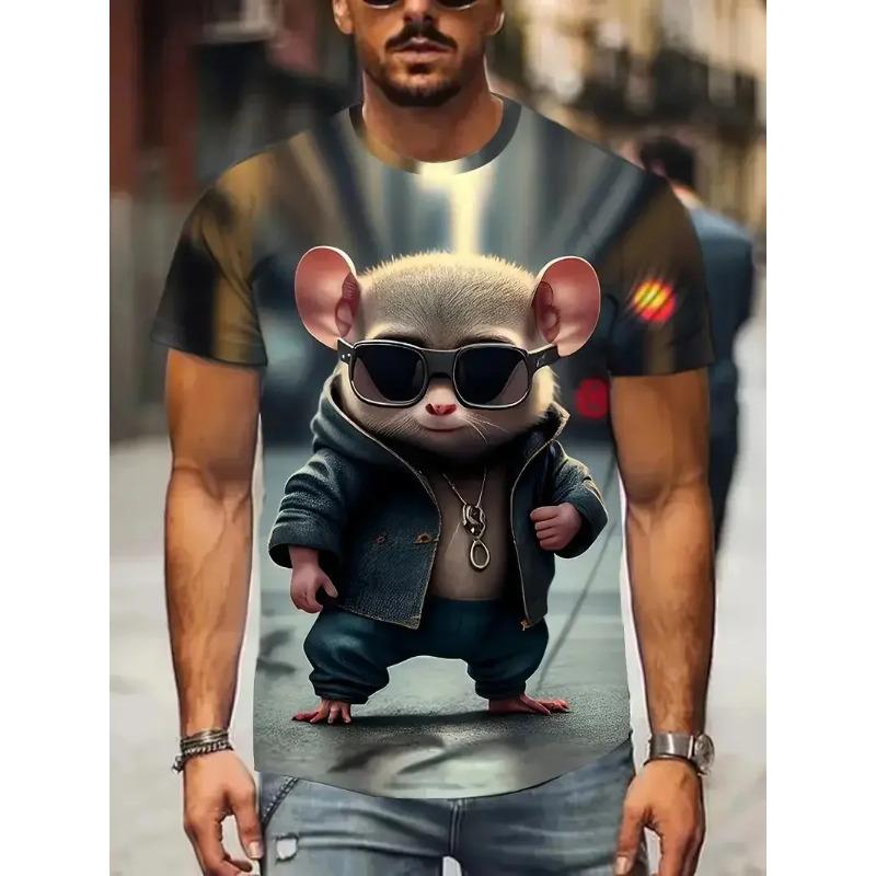 Summer Round Neck 3D Rodent Animal Print Top Fashionable Casual Short Sleeved Men's T-shirts