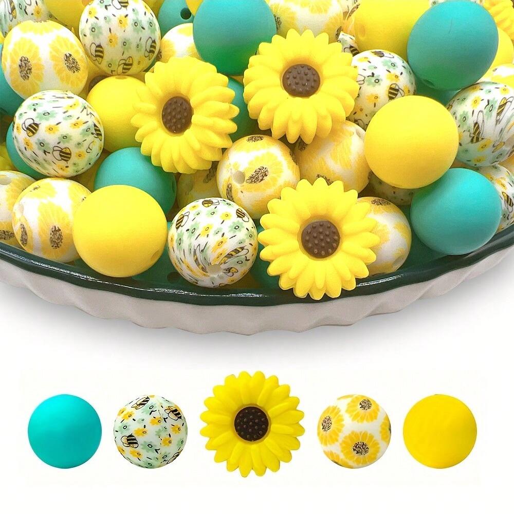 25PCS daisy and floral printed silicone bead set, punk style, suitable for DIY keychains, bracelets, bead pens