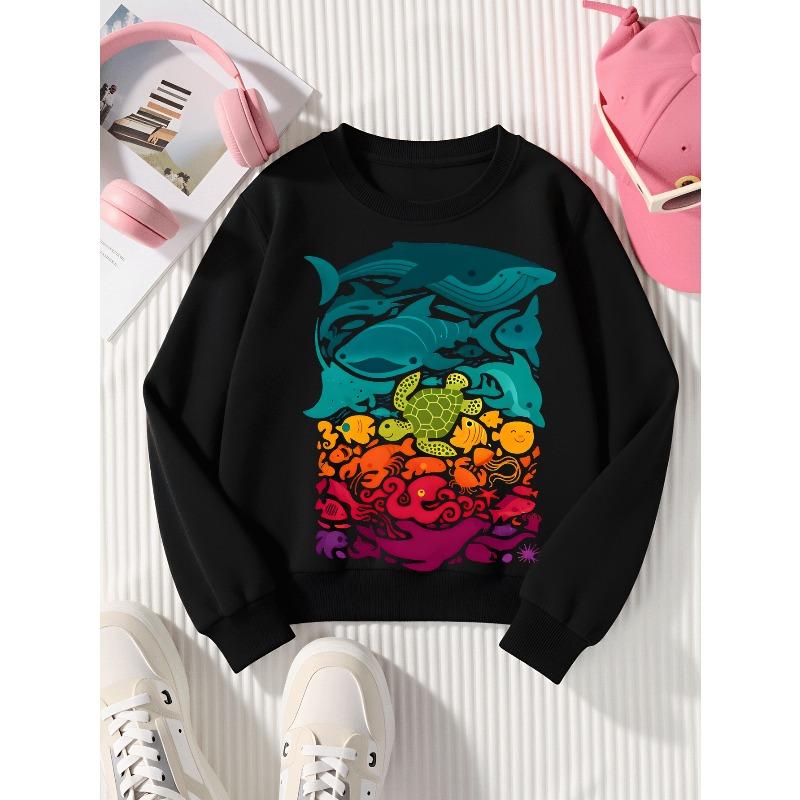 Girls Soft Crewneck SweatshirtColorful Ocean Marine Life Animal Print with Cute Creative Print, Casual All-Match for Fall Winter