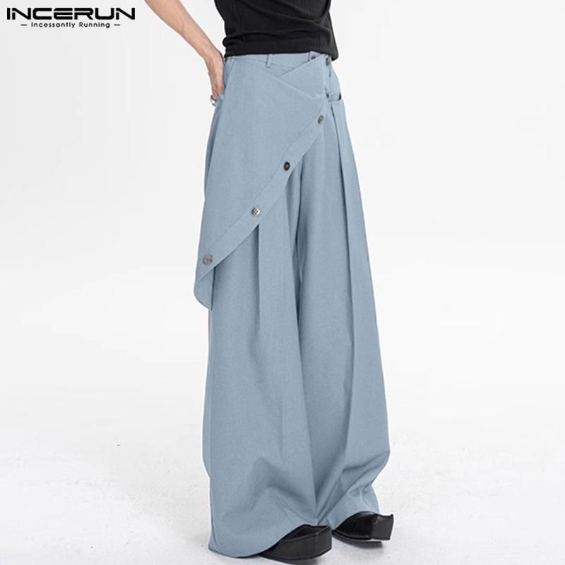 INCERUN Pantalon long décontracté à fermeture éclair et boutons pour hommes, pantalon à jambe large