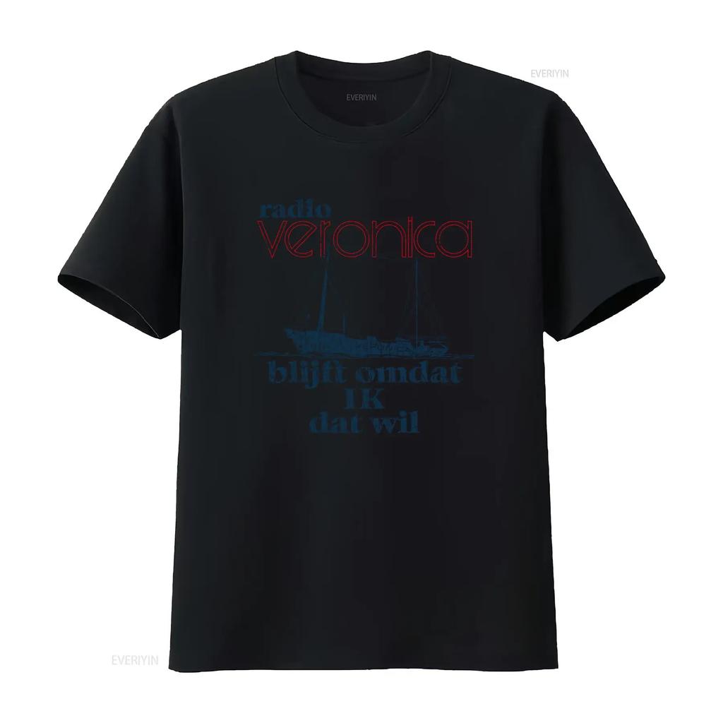 Maglietta Vintage da Uomo Radio Veronica 1960 Design Retrò Nave Testo Olandese Stile Classico Top Lavato Vintage Per l'Uso Quotidiano