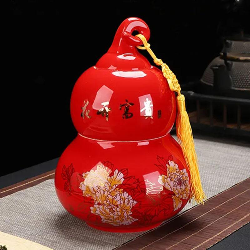 Gourd Shaped Double-layer Tea Caddy Ceramic Tea Storage Tank Non Woven Cover Sealed Tea Can Porcelain Ornaments Nut Storage Pot