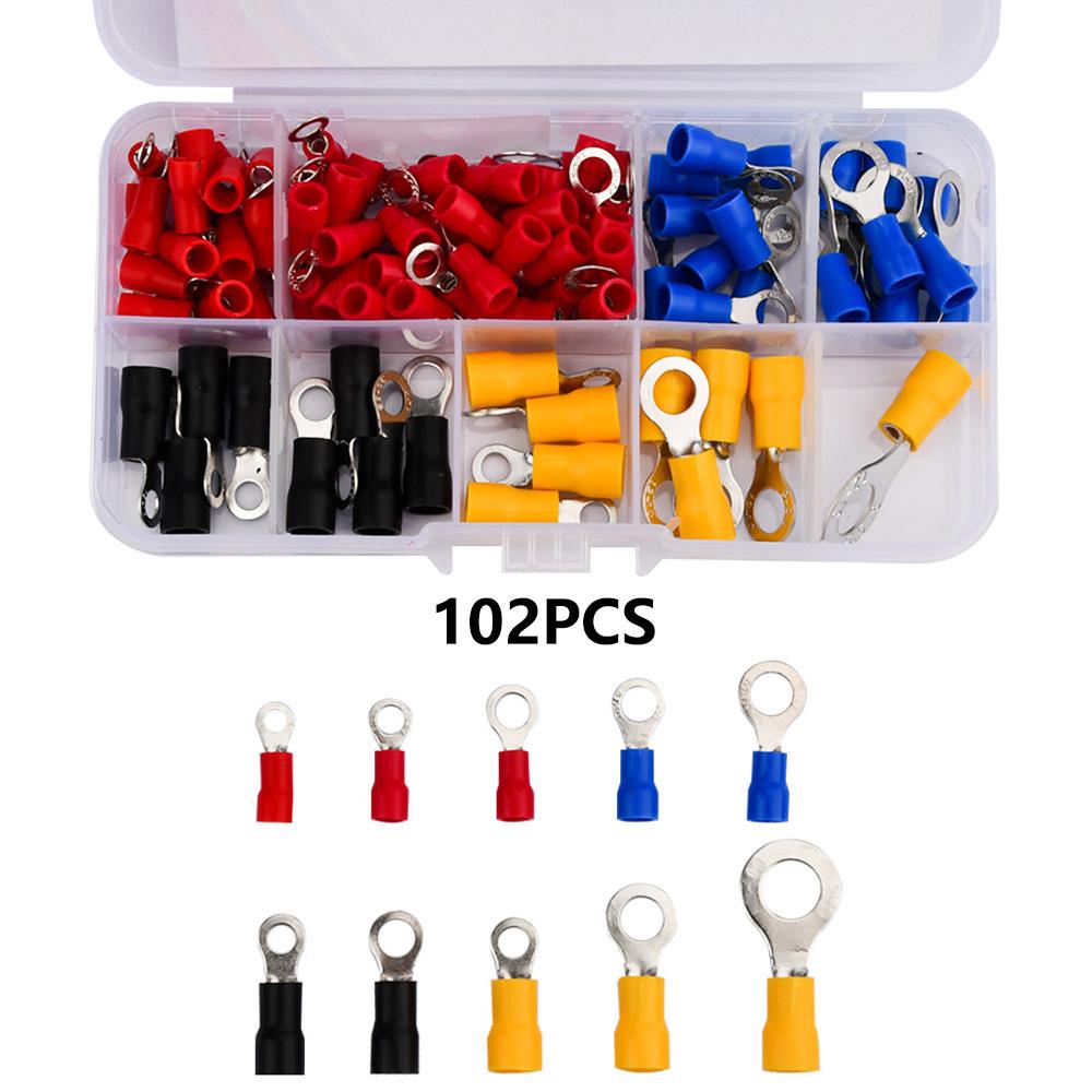 10 Sizes RV1.25/2/3.5/5.5 Ring Terminal Insulated Connector Circle-Shaped Wire Copper Cold Press Block Lug 102PCS AWG10-22