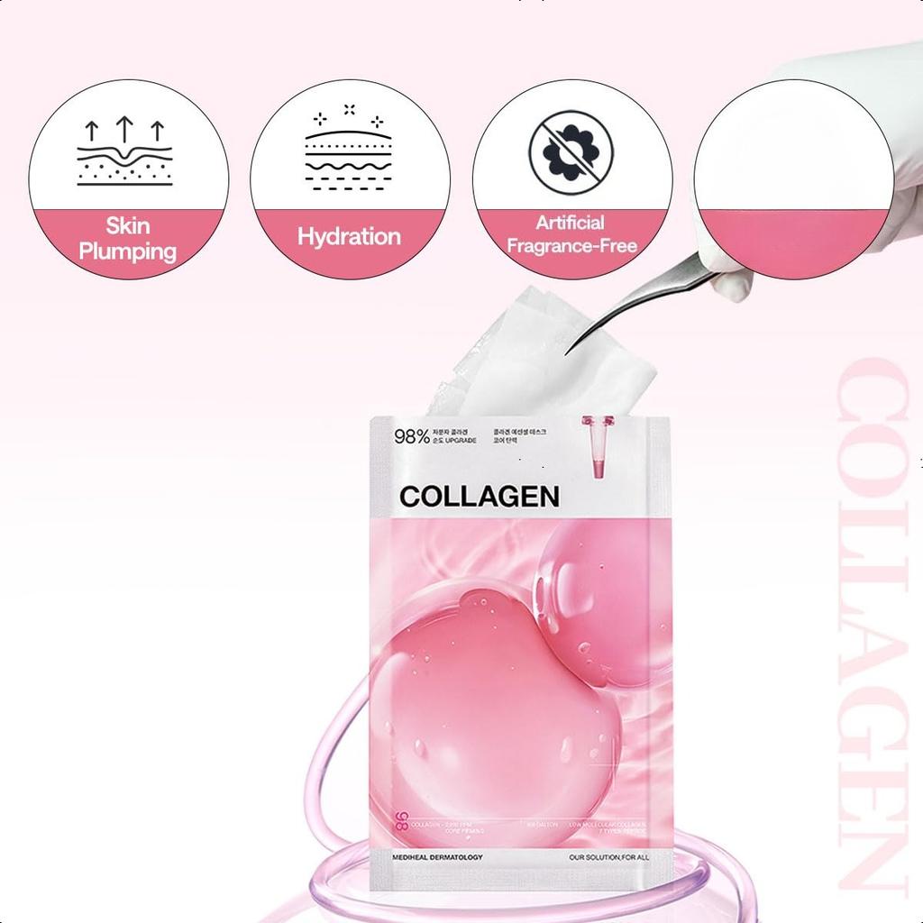 Mediheal Kollagen Essential Sheet Maske Kernstraffend 10 Stück. 98% Veganes Kollagen für Straffung, Elastizität und Verbesserung der Hautdichte.