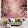 2D Dreamy Sakura Forest Tapestry, Pink Cherry Blossom Path Wall Hanging