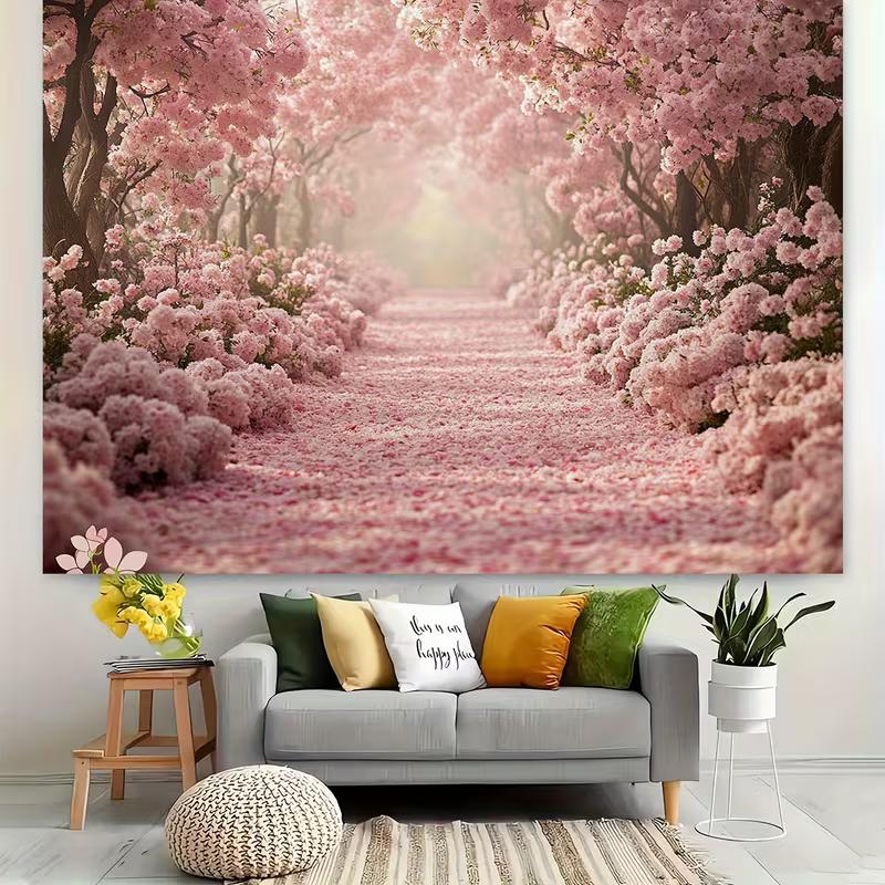 2D Dreamy Sakura Forest Tapestry, Pink Cherry Blossom Path Wall Hanging