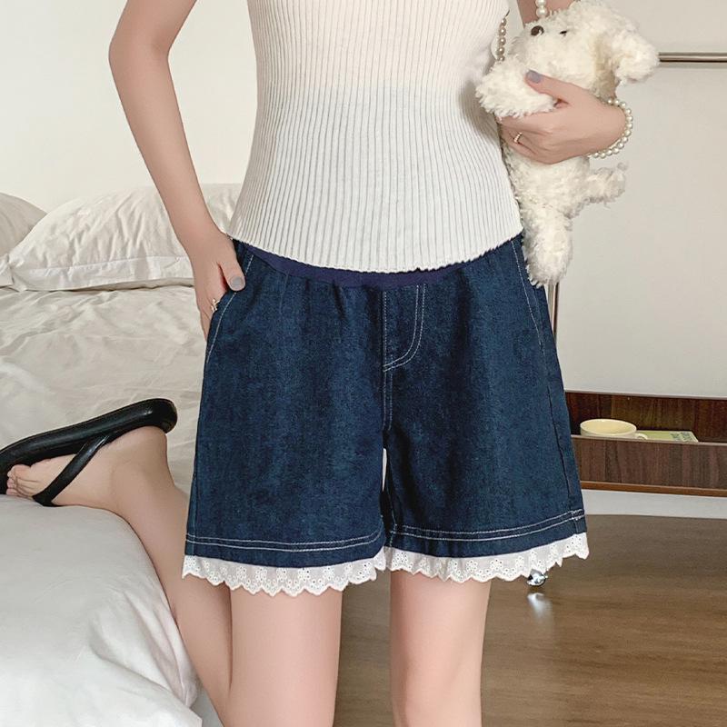2026 New Style Tummy Support Maternity Denim Shorts with Lace Trim – Summer Wide-Leg Hot Pants L