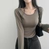 tops Women's Korean Fashion Tops Cut and Sew Long Sleeve Cropped Short Length Slim Stretch Plain Solid Color Affordable Simple Feminine Casual Autumn