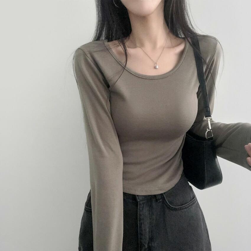 tops Women's Korean Fashion Tops Cut and Sew Long Sleeve Cropped Short Length Slim Stretch Plain Solid Color Affordable Simple Feminine Casual Autumn