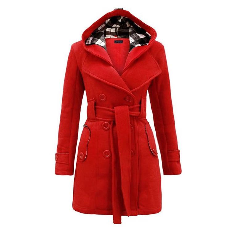 New plaid hooded coat belt double-breasted long coat S красный