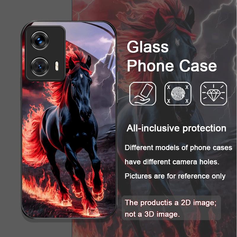 Creative Flame Black Horse Pattern Tempered Glass Phone Case for Motorola Moto G85 G84 G75 Edge 50 Fusion 40 Neo 30 Pro 5G Cover