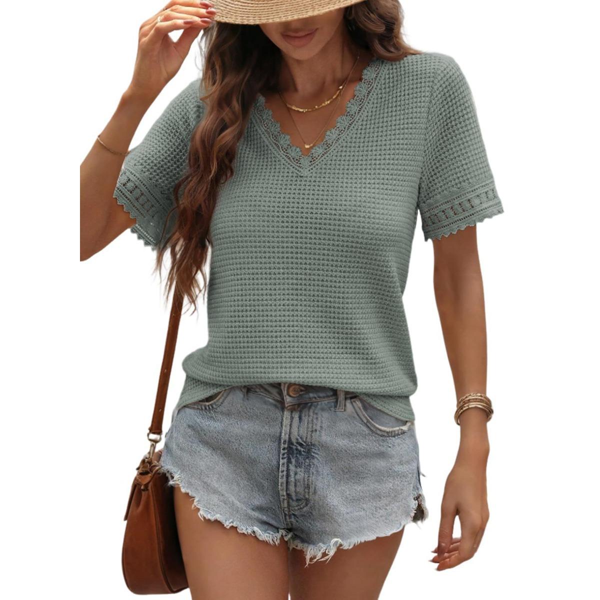 

Spring Summer Women s V-neck Waffle Lace Patchwork Short Sleeve Casual T-shirt Top for Cross-border Foreign Trade XXL зелений