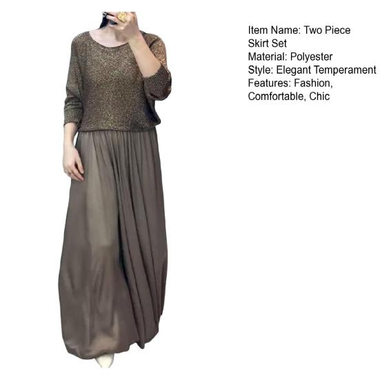 Dámská dvoudílná sukně s lesklým topem s kulatým výstřihem a dlouhým rukávem a áčkovou maxi sukní s vysokým pasem, ležérní třpytivý outfit