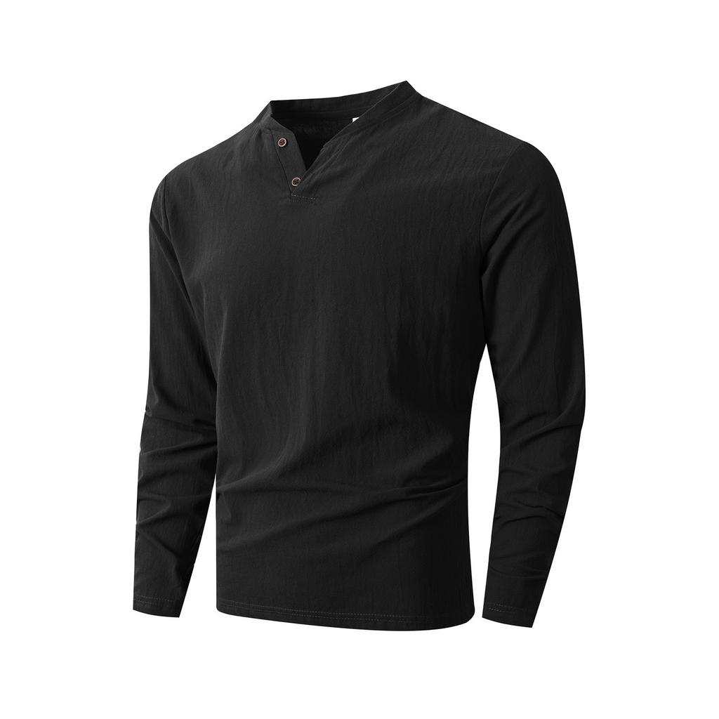 Men's Solid Color Cotton Linen Button Collar Long Sleeve Top Men's Sports Large Size Casual Top