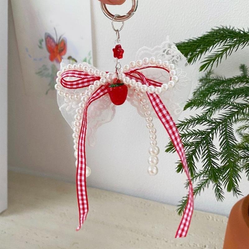 Delicate Pearls and Lace Bowknot Bag Ornament With Gingham Pattern Portable Accessory for Daily Commutes or Dates