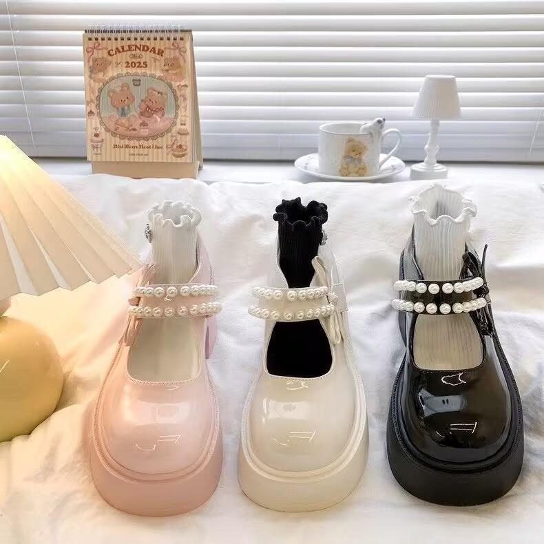 Versatile Bow Retro Round Head Pearl Single Shoes 2025 Summer New Thick Heel Mary Jane Small Leather Shoes Women