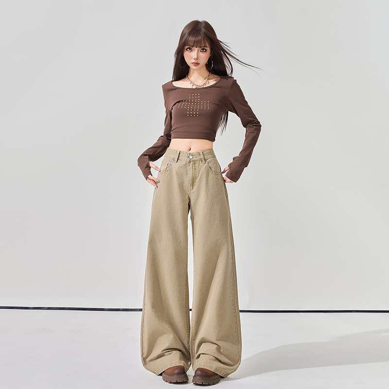 Khaki Low-Waist Washed Straight-Leg Retro Women's Casual Pants