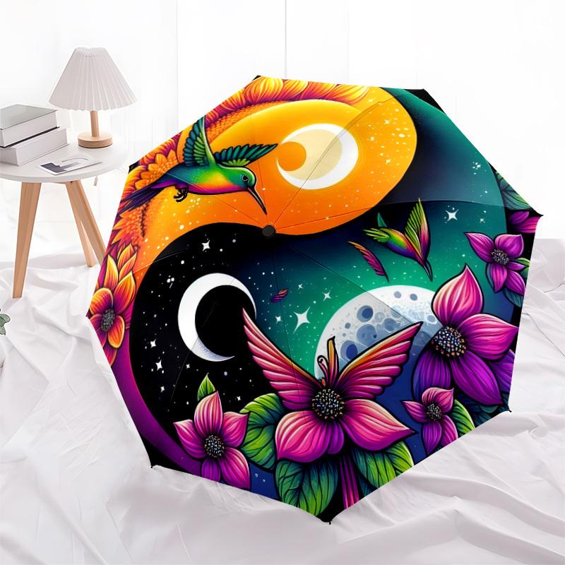 1pc Sunflower Hummingbird Yin Yang Umbrella with Plastic Handle,Suitable for All Seasons Home Travel Outdoor UmbrellaDD1206