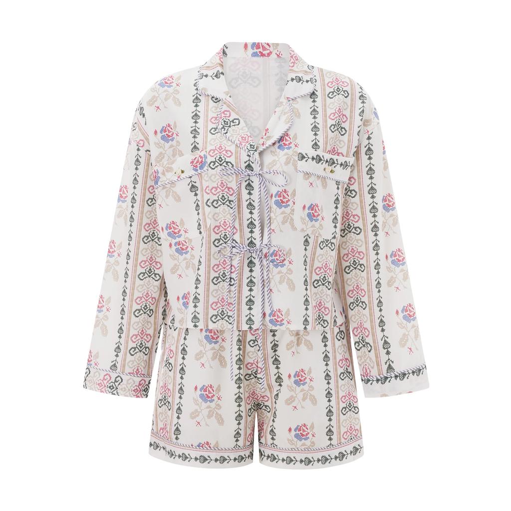 2-teilige kurze Sets Damen Floral-/Streifenmuster Langarm zum Binden Oberteile und Weitbein-Shorts Sets Sommer Herbst Streetwear