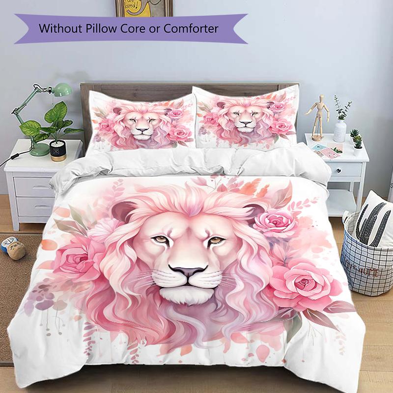 

3pcs Pink Lion Pattern Bedding Set, 1* Cover + 2*Pillowcases, Printed Bedding Set, Soft and Comfortable, Suitable for Bedroom and Guest Room 135cm*200cm