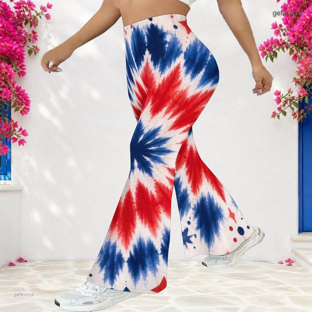 Women Plus Size High Waist Full Length Flared Pants Navy Blue Sparkle Starry Printed