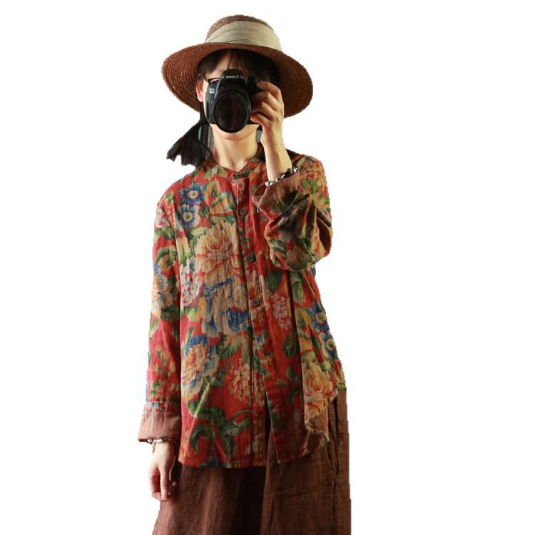 Retro Floral Double Layer Cotton Gauze Loose Fit Shirt - 1962 Yan Qing