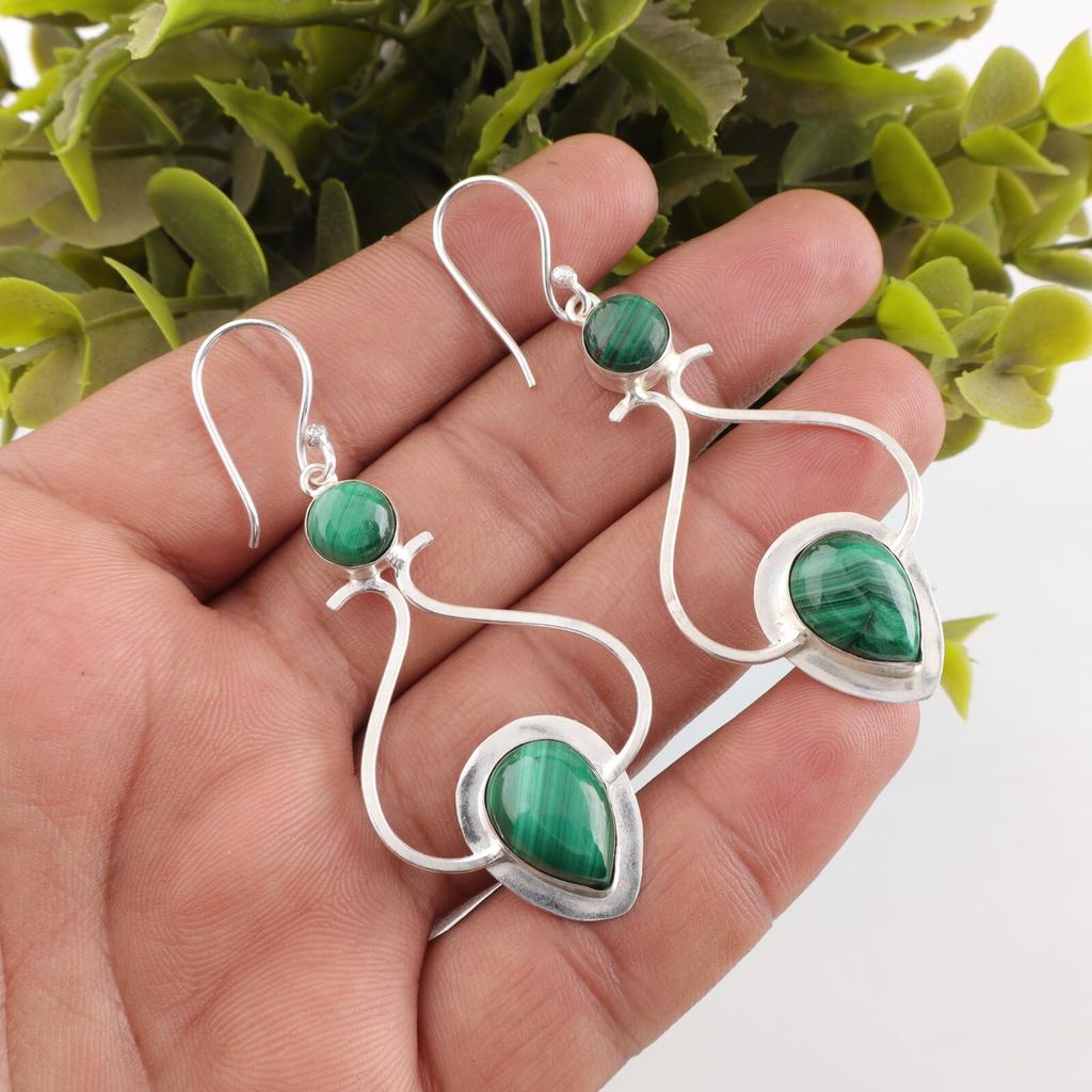 Natural Malachite Gemstone 925 Sterling Silver Handmade Partywear Earrings 2.07" EE-170-22