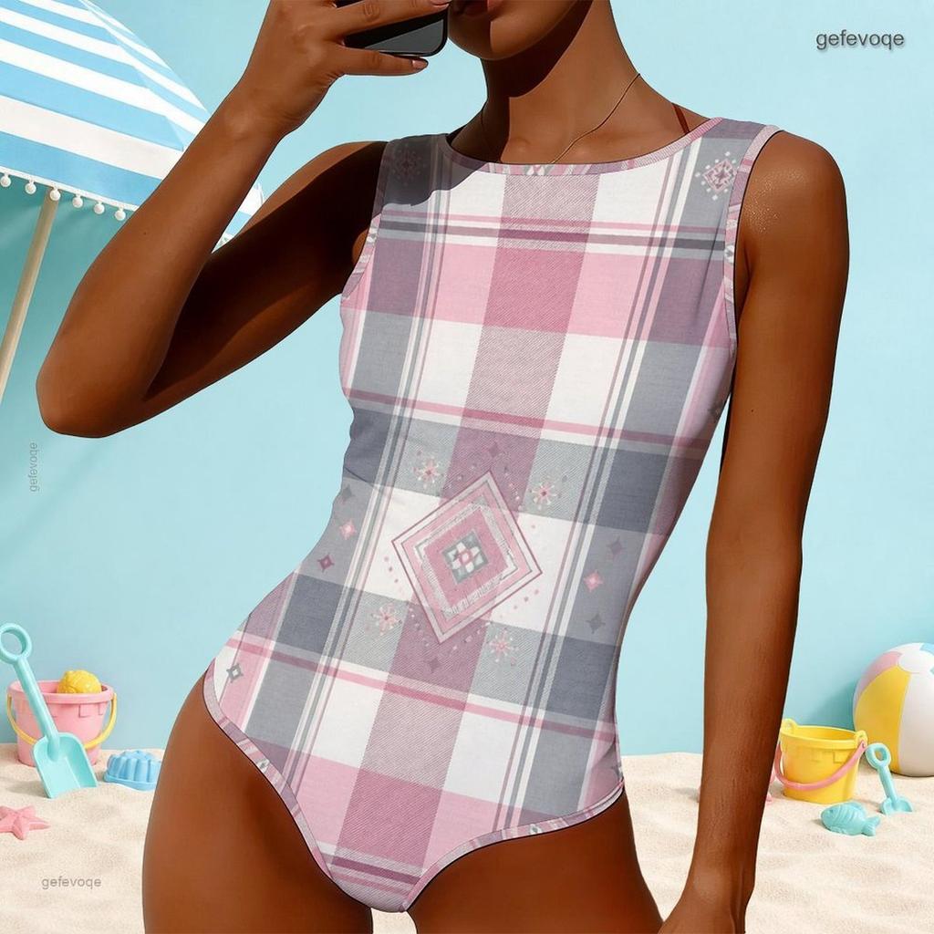 Women Plus Size High Round Neck Sleeveless One Piece Halloween Printed Swimsuit
