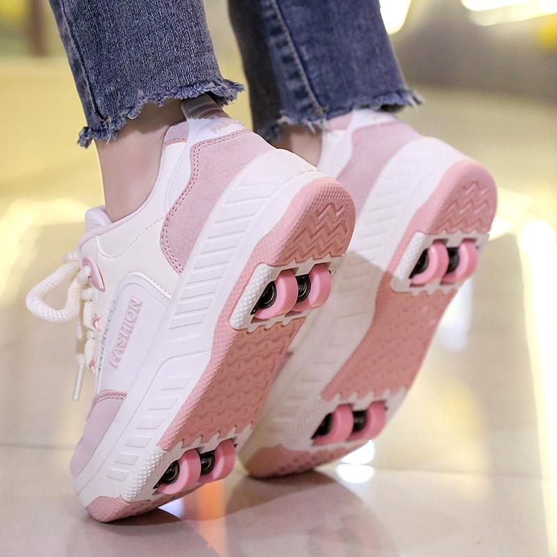 Boy's Rotating Button Four Wheel Skate Kids Shoes with Wheels Girl Skate Shoes