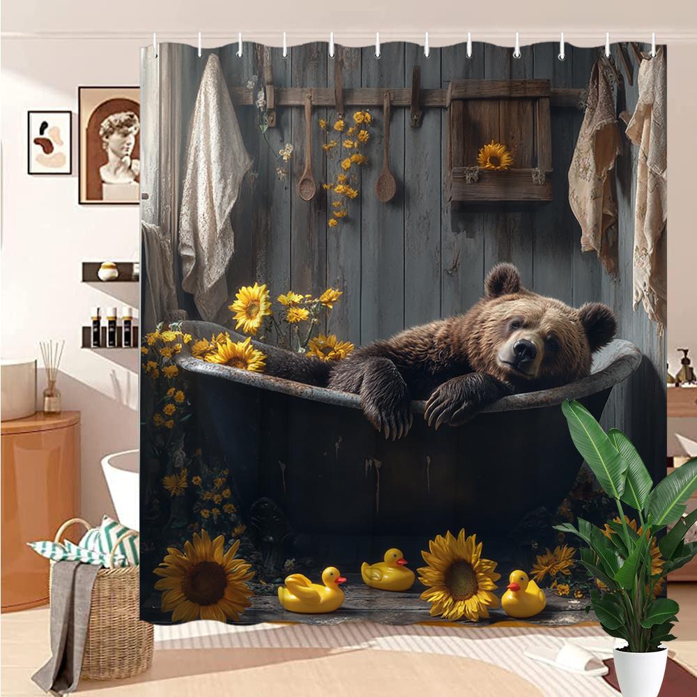 

3D Cozy Bear In Bathtub With Sunflowers Waterproof Shower Curtain For Kids Bathroom Decor, Fun And Unique Design W60H190(CM)-1 Pcs