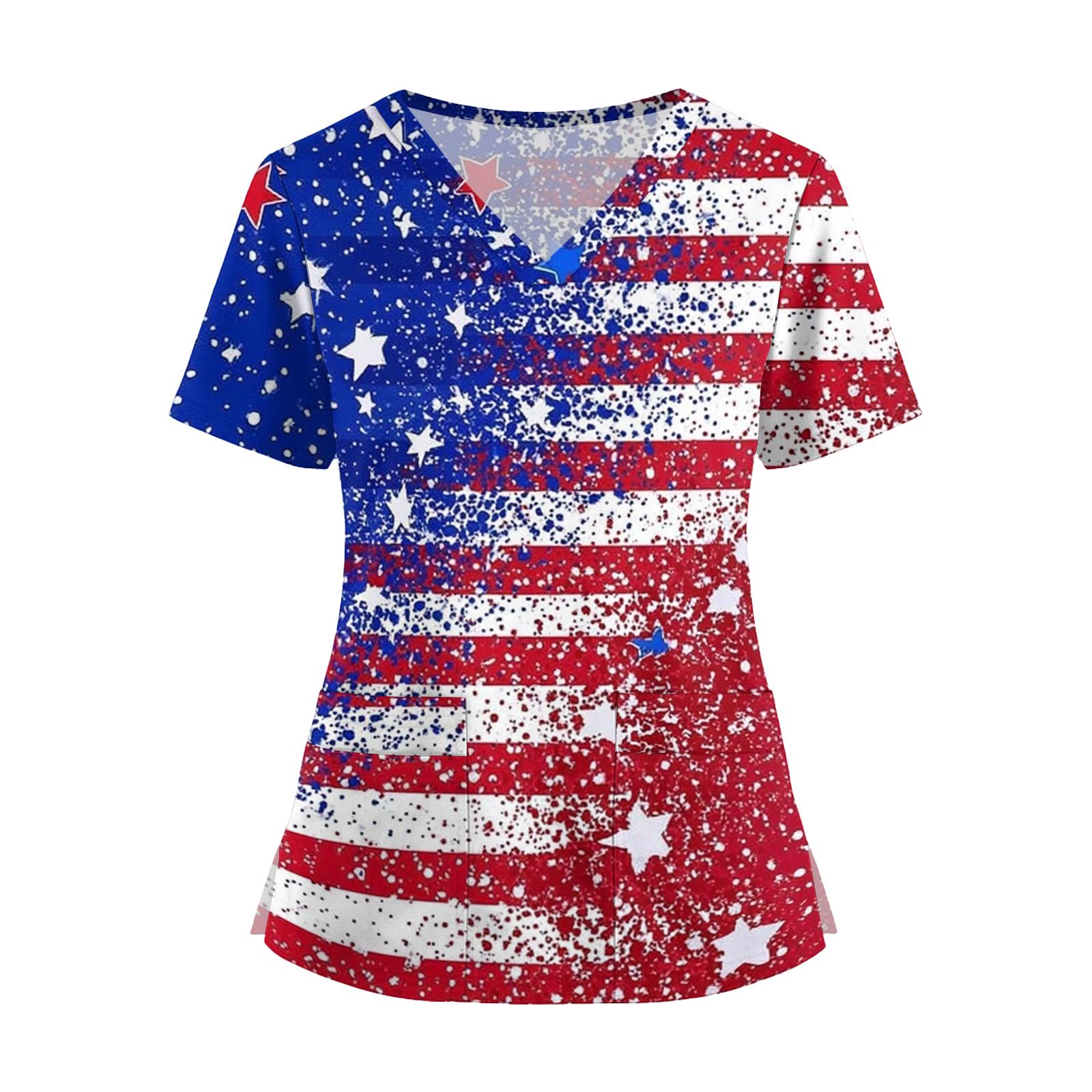 

Women’s V Neck Short Sleeve Work Top with Pockets Star Print Split Hem Scrub Shirt for Healthcare Professionals L