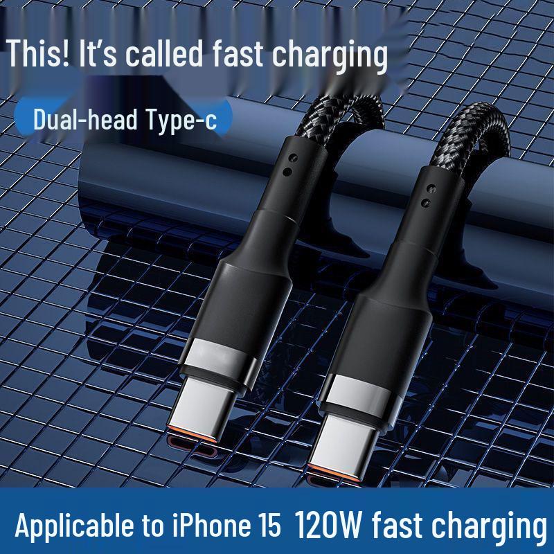 120W Dual Type-C Fast Charging Cable, Male-to-Male, Compatible with Cars, Laptops, and Phones.