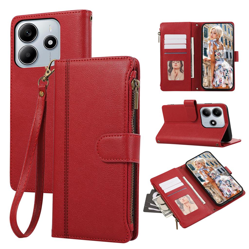 For Xiaomi Redmi Note 14 4G (163.25mm) Case Multi Card Slots Zipper Leather Phone Cover with Wrist Strap - Purple
