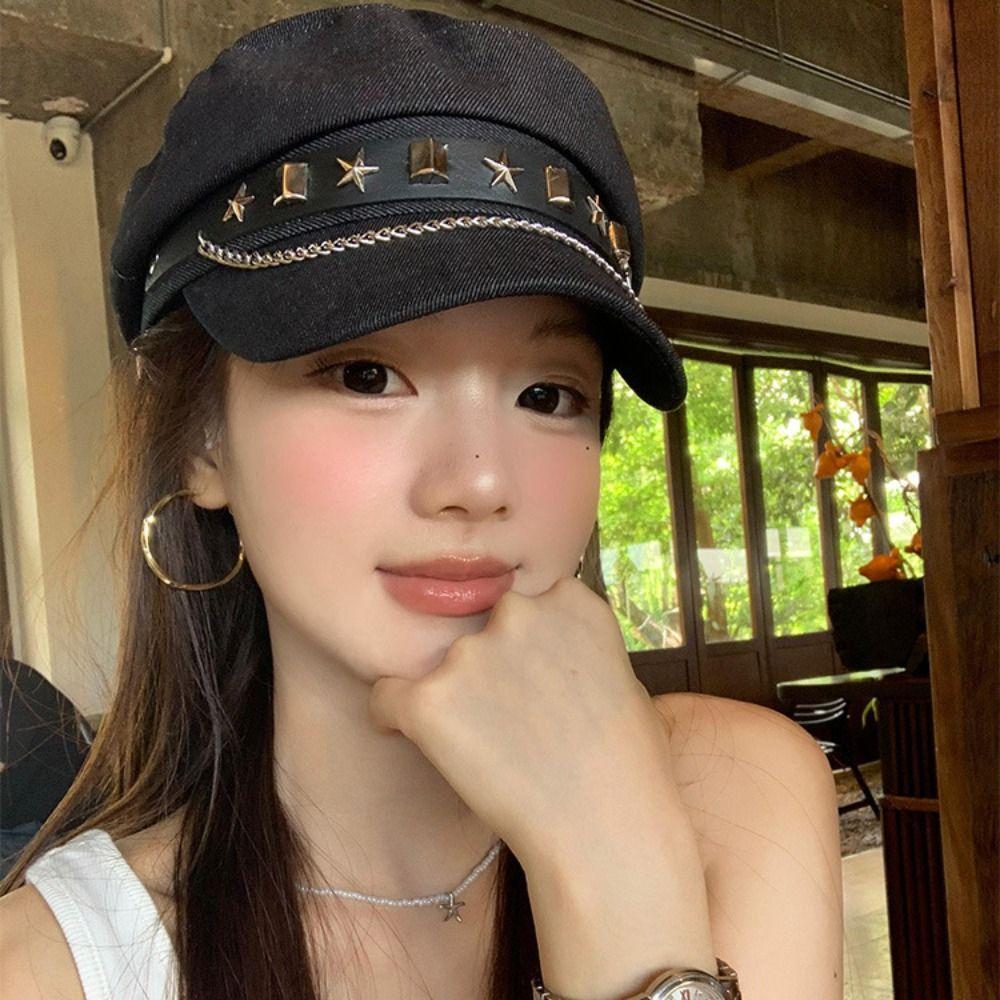 Cloth Rivet Denim Beret British Style Retro Painter Hat Retro Denim Octagonal Hat  Ladies