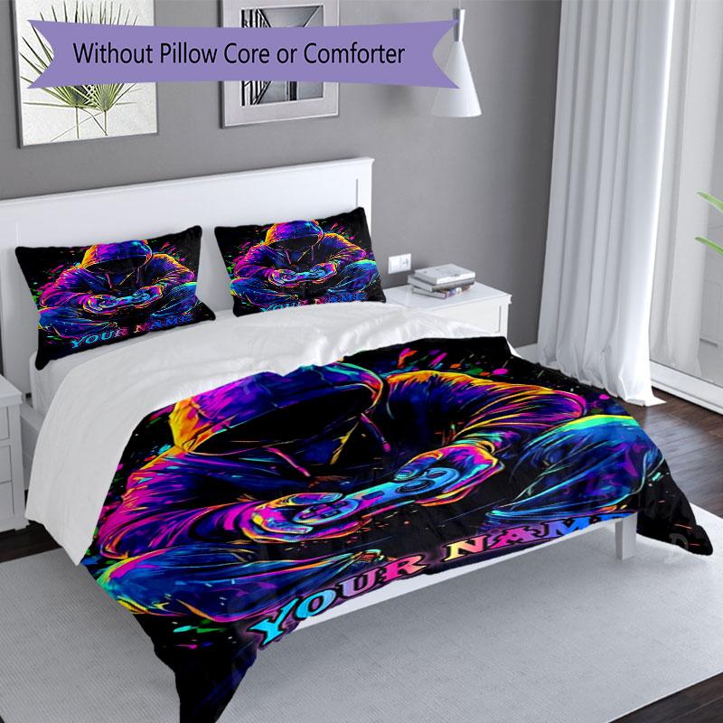3pcs Custom Name Cyberpunk Neon Bedding Set Printed Bedding Set Duvet Cover Closure Includes 1 Duvet Cover & 2 Pillowcases Bedroom Decor