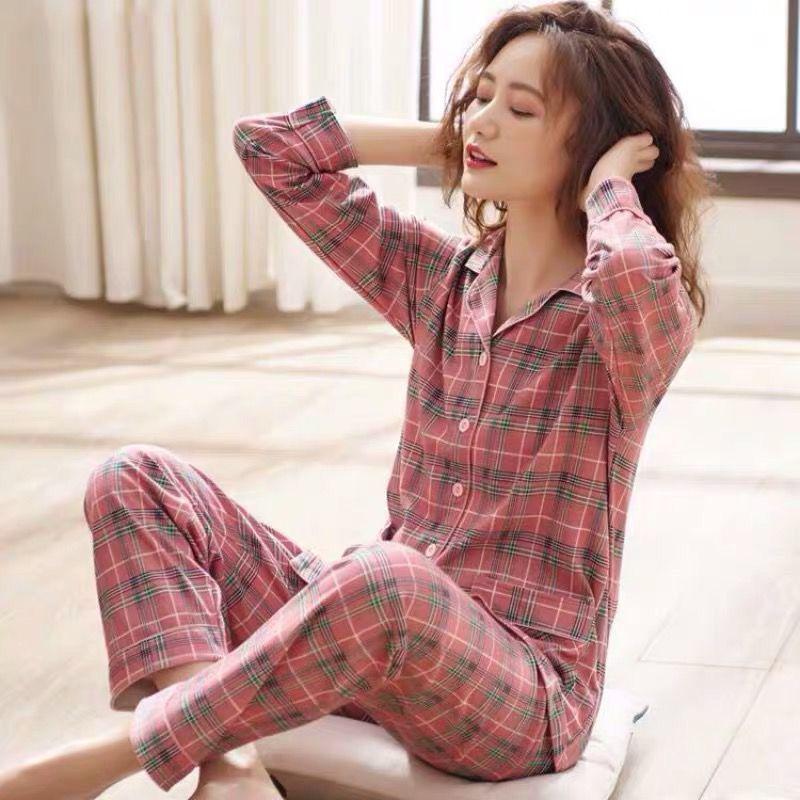 Dámské pyžamo ze 100% bavlny – kardiganová sada volného střihu pro střední a starší osoby, s dlouhým rukávem na podzim a zimu