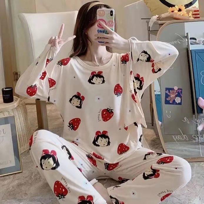 Women's Long-Sleeve Cartoon Pajama Set - Cute Korean Style Homewear for Autumn, Winter, Spring - Plus Size Available