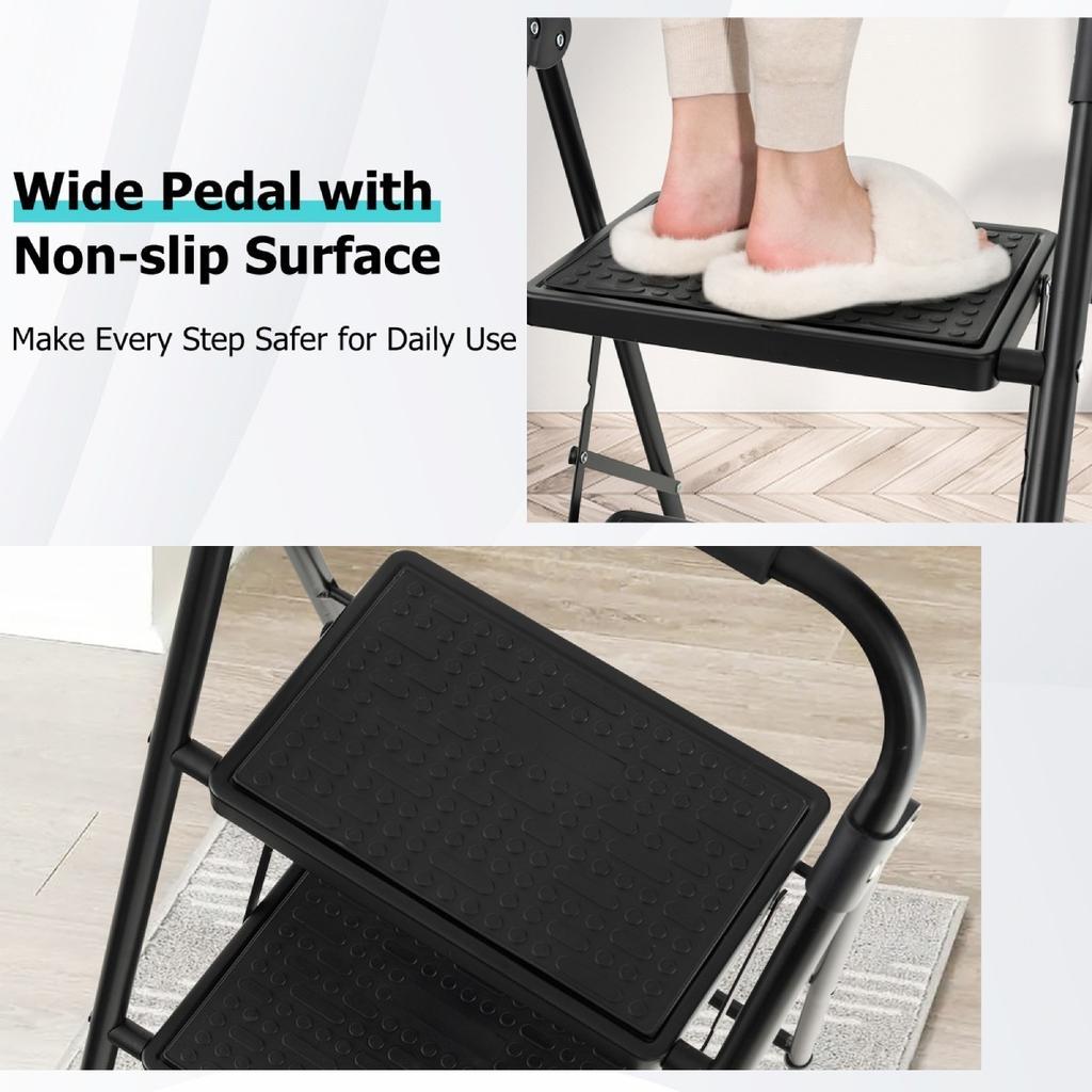 3-Step Folding Ladder Portable Stool Ladders Metal Heavy-Duty Stepladder 150kg Load Household w/Anti-Slip Pedal Handle Black