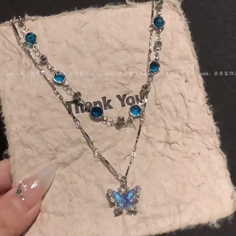 High version does not fade ice crystal gradual change color pearl butterfly necklace women's summer sweet cool advanced sense collarbone chain