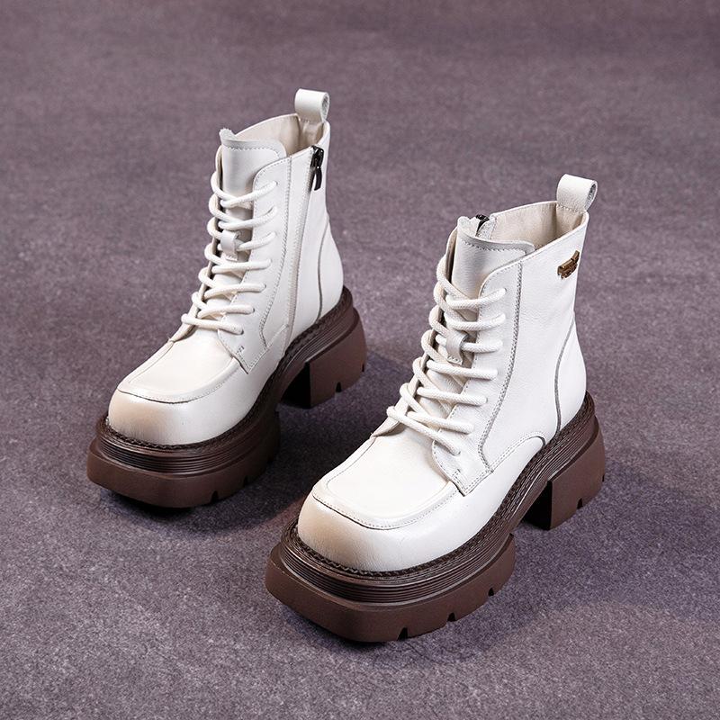 The First Layer of Cowhide Martin Boots for Women In the Autumn and Winter of 2025, the New Retro Lace-up Leather Thick-soled Muffin Leather Boots for