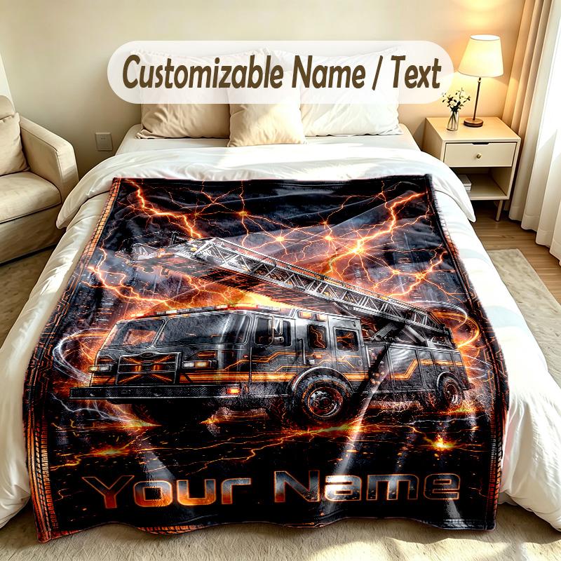 Fire Truck Theme Custom Blanket Personalized Name & Text Customized Soft Warm Throw Blanket Home Decor
