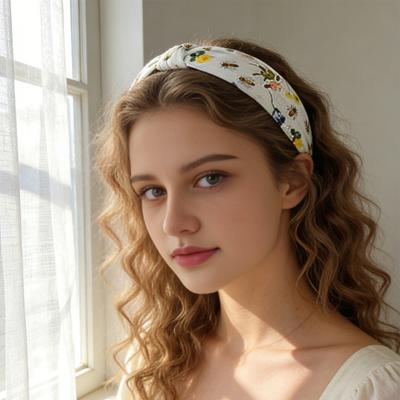 Haarband Blumenmuster Geknotetes Stoff Stirnband Mode Breite Haarbänder Rutschfestes Haarzubehör für Damen und Mädchen