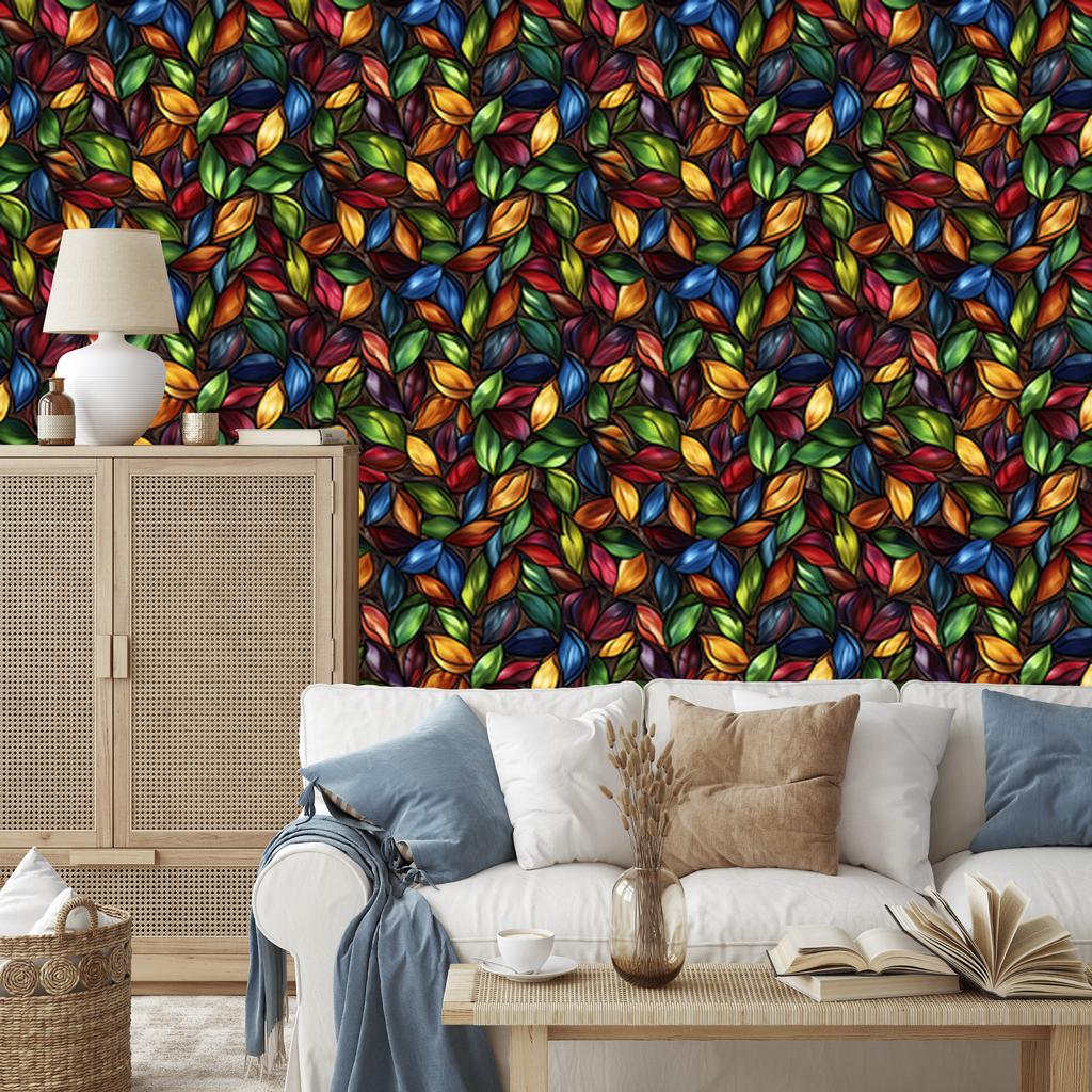 Burgundy, rust and navy blue stained glass wallpaper for living room and bedroom 50x1000