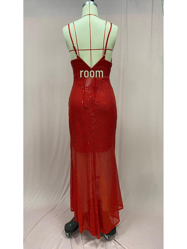 2025 European & American Women's Sexy Sequined Backless Dress with Slit